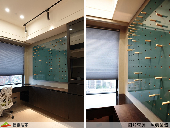 一旁的展示空間是屋主的玩具櫃,金屬烤漆的洞洞板上加上燈光的反射,放上精心收集的BB槍頓時成為了男孩們的天堂,書櫃裡則可以擺放公仔,玻璃櫃門兼具展示及防塵效果。
