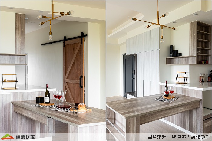 ▼室內空間捨棄了傳統居家採用大量木作施工的思維,改以環保綠建材的低甲醛系統板、環保塗漆作為主要素材,包含傢俱、燈具乃至所有的桌面、櫃體、地板等,都以可拆卸帶走為前提下施作,希望能在下一個居所再度被使用,減少裝修的廢棄物與環境的負擔。 設計師以「環保、綠能、再利用」的減量裝修與保留空間彈性,完美呼應屋主重視環保的理念。