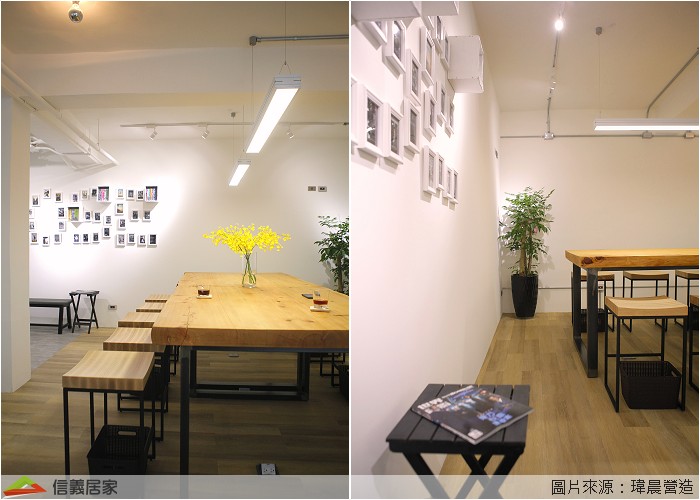 為了控制預算採用pvc地板鋪設，pvc地板的價格較低且施做快速，最適合店面使用，雖然是平價的工程材料還是要注重美觀搭配，水泥色方型地磚+淺木紋的長型地磚，讓空間有了軟性的區隔，走道區跟用餐區一目了然！