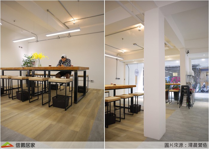 為了控制預算採用pvc地板鋪設，pvc地板的價格較低且施做快速，最適合店面使用，雖然是平價的工程材料還是要注重美觀搭配，水泥色方型地磚+淺木紋的長型地磚，讓空間有了軟性的區隔，走道區跟用餐區一目了然！