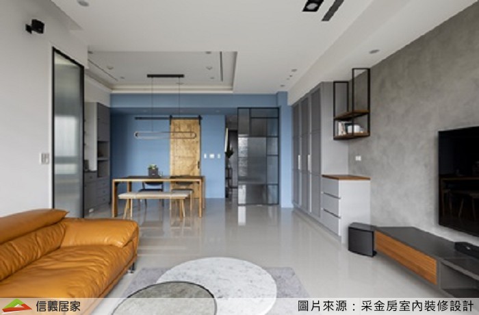 灰色客廳,灰色餐廳室內裝潢設計，包括收納櫃、餐桌、餐椅裝潢圖片