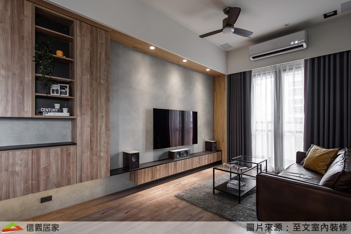 咖啡色客廳室內裝潢設計，包括沙發、茶几、電視牆、電視櫃裝潢圖片