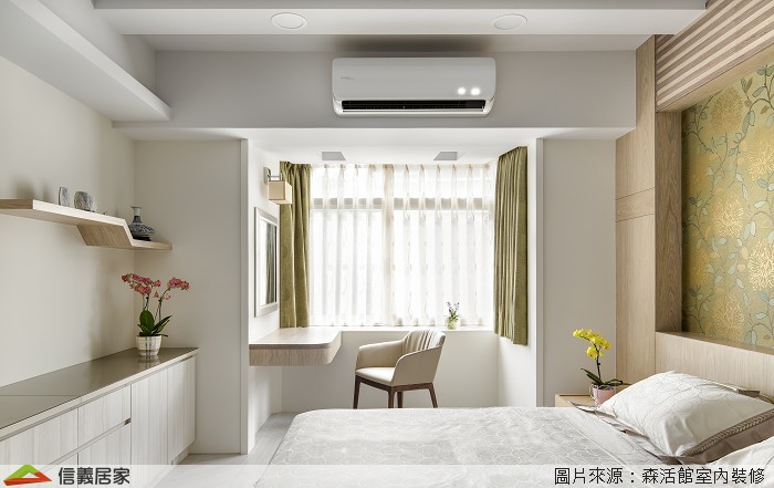 白色臥室室內裝潢設計，包括窗簾、床、收納櫃裝潢圖片