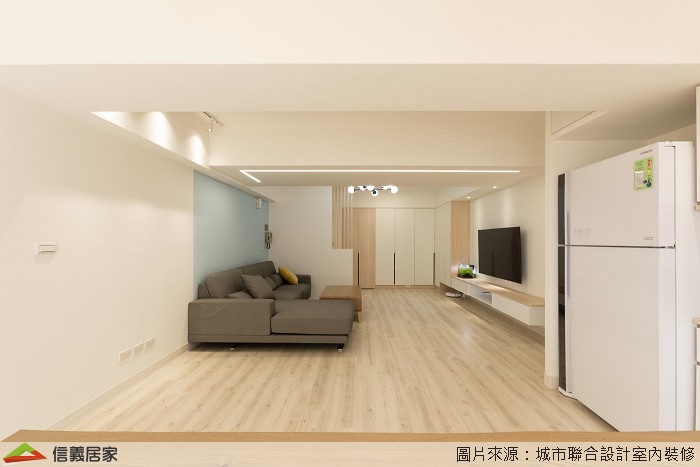 米色客廳,米色餐廳室內裝潢設計，包括茶几、L型沙發裝潢圖片