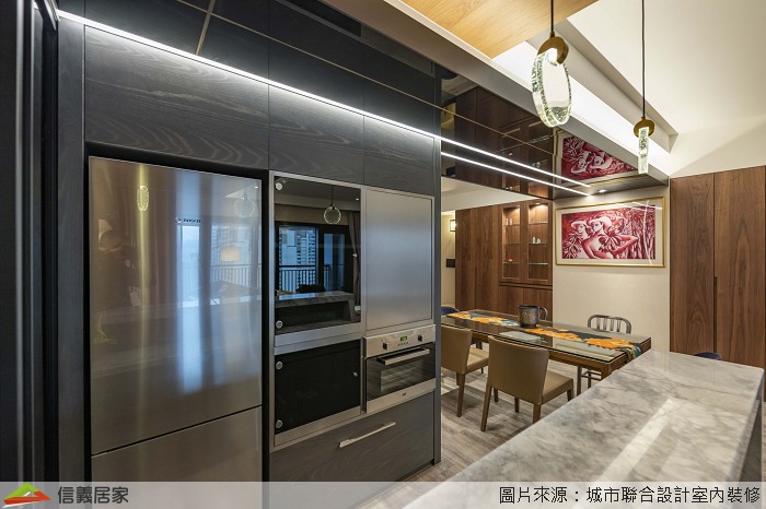 咖啡色餐廳室內裝潢設計，包括吊燈、餐桌、餐椅裝潢圖片